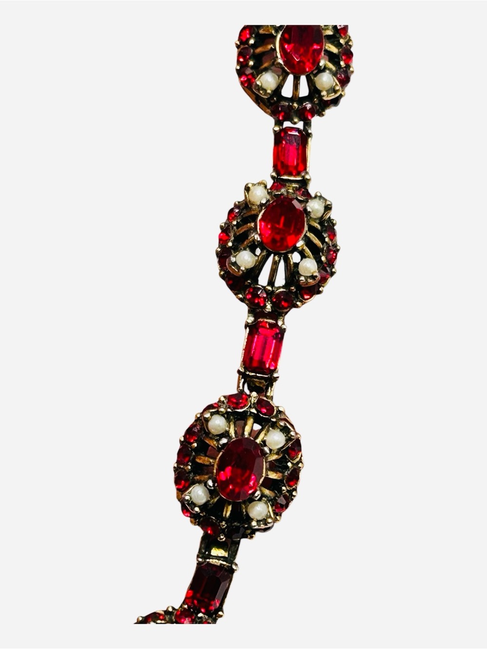Vintage Hollycraft Red Rhinestone and Faux Pearl Bracelet and Earring Set - Picture 3 of 12